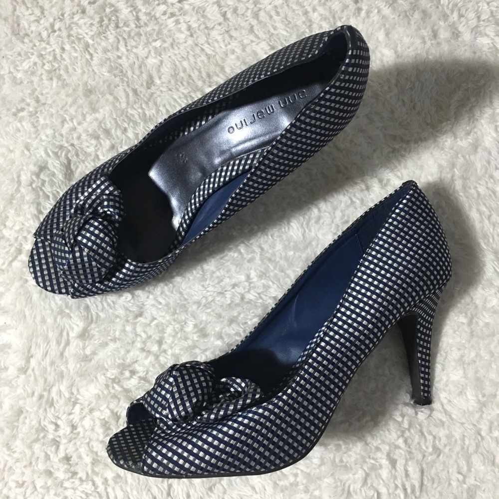Ann Marino Peep Toe Navy Check Heels Pumps Sz 7.5